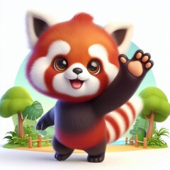 Cute Red Panda Waving Hand Cartoon 3d Generative aI
