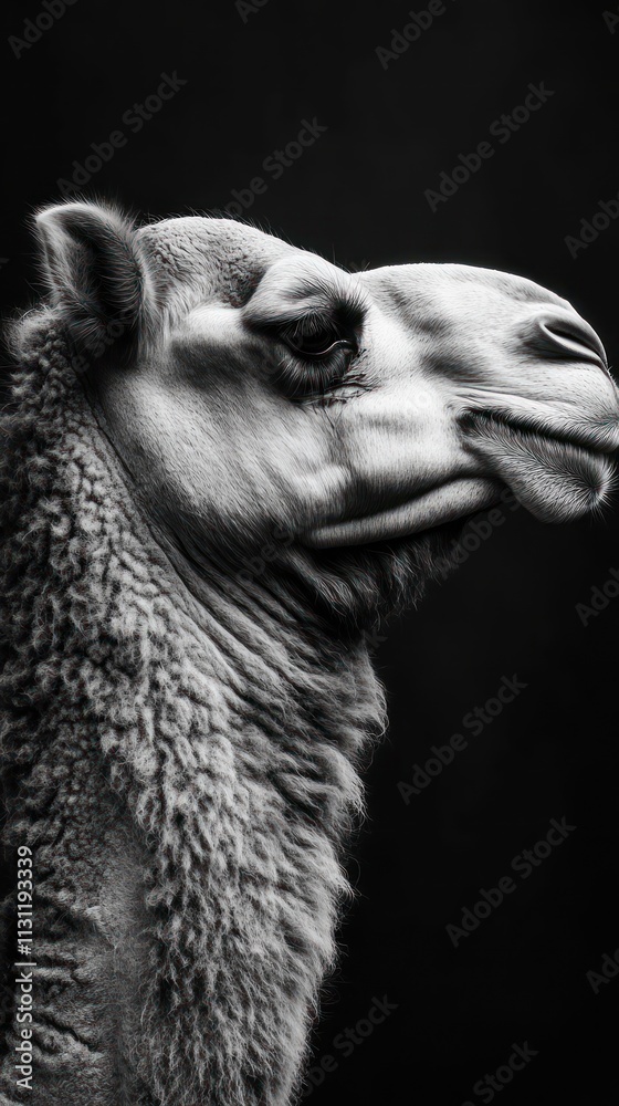 Aufkleber a close-up black and white portrait of a camel, highlighting its unique features and textures.
