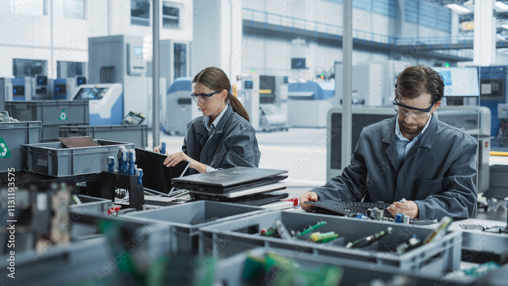 Poster caucasian male and female employees taking apart old laptops to recycle electronic components for su