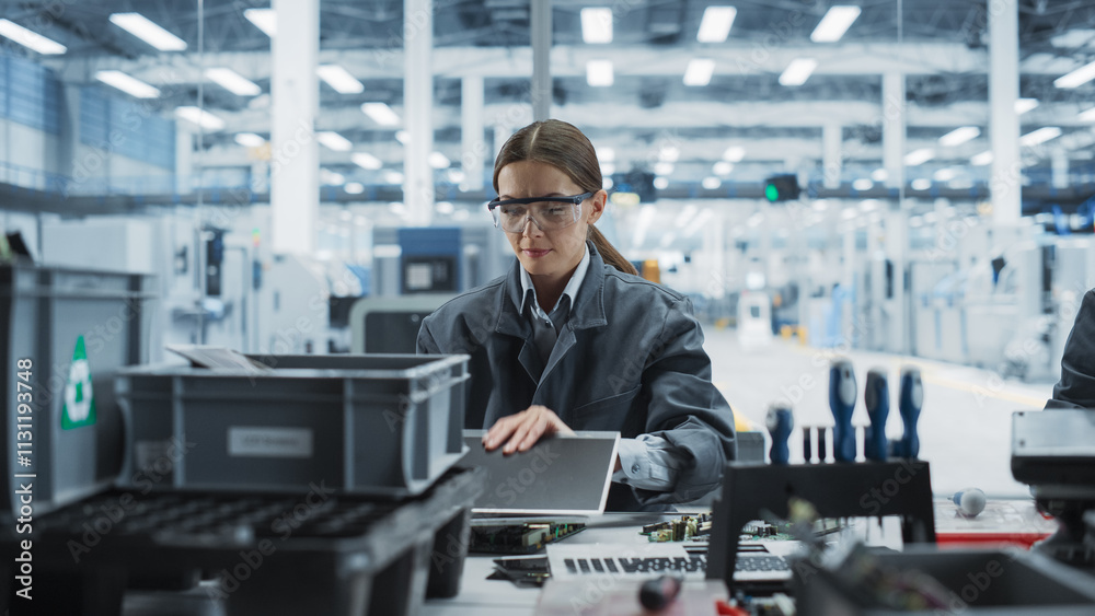 Poster caucasian female worker disassembling old laptops to recycle electronic components for sustainable p