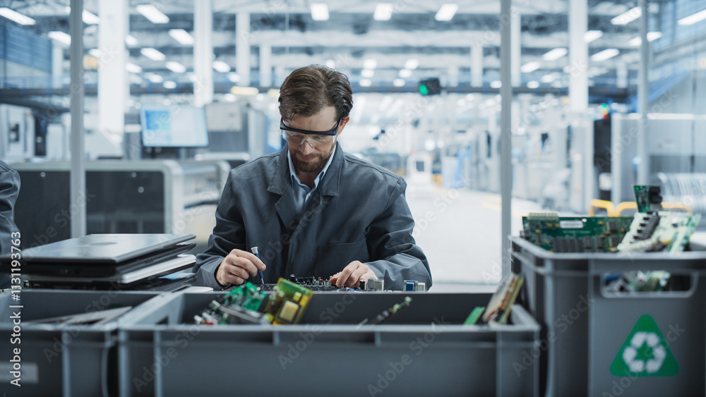 Aufkleber Caucasian Male Worker Disassembling Old Laptops To Recycle Electronic Components For Sustainable Microchip Production At an Electronics Factory. Man Unscrewing Motherboards And Sorting Parts In Boxes.