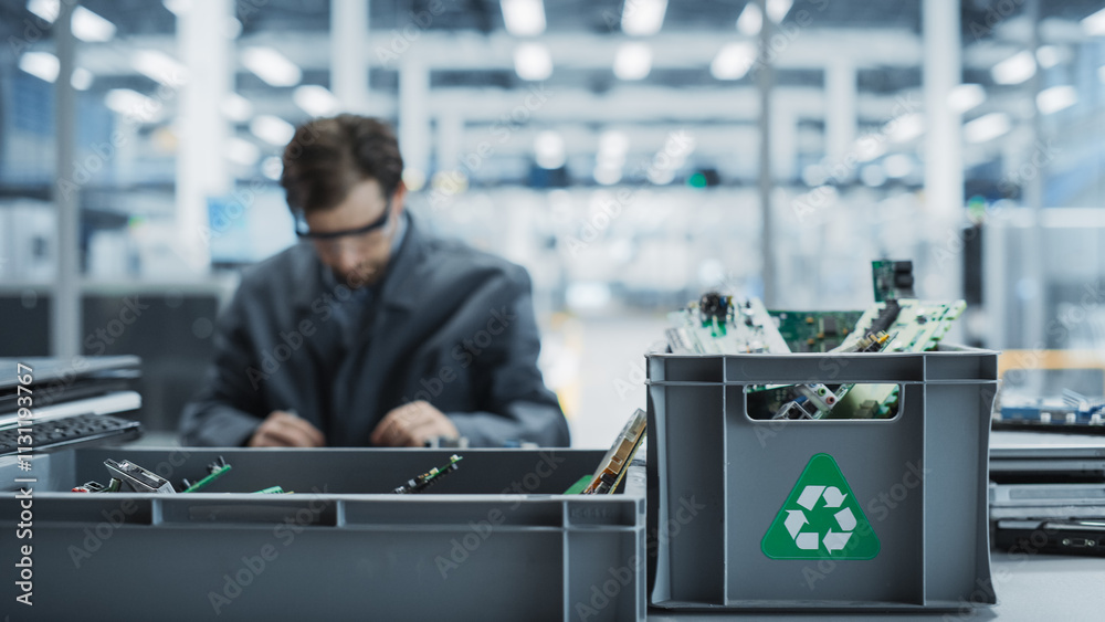 Aufkleber Caucasian Male Worker Disassembling Old Laptops To Recycle Electronic Components For Sustainable Microchip Production At Electronics Factory. Man Unscrewing Motherboards And Sorting Parts In Boxes.
