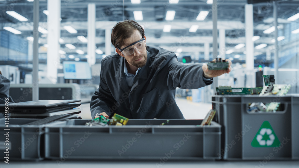 Poster caucasian male worker disassembling old laptops to recycle electronic components for sustainable mic