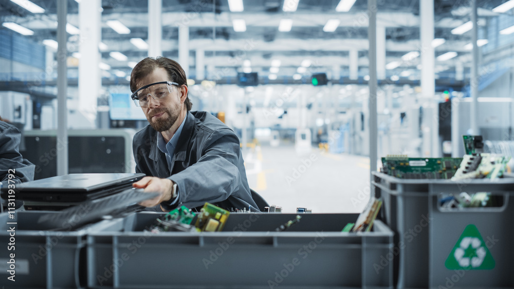 Aufkleber caucasian male worker disassembling old laptops to recycle electronic components for sustainable mic
