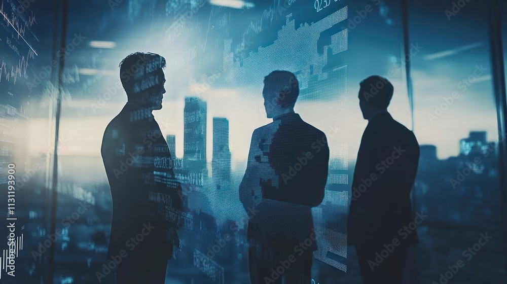 Poster Silhouetted figures discussing data in a modern office with a cityscape backdrop.