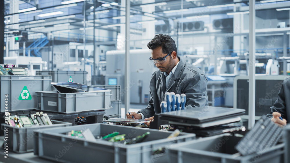 Leinwandbilder Indian Male Worker Disassembling Old Laptops To Recycle Electronic Components For Microchip Production At Automated Electronics Factory With Robotic Arms. Man Unscrewing Displays, Sorting Them.