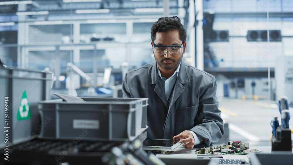 Aufkleber Indian Male Worker Disassembling Laptops To Recycle Electronic Components For Microchip Production At Automated Electronics Factory With Robotic Arms. Man Unscrewing Displays, Sorting Them.