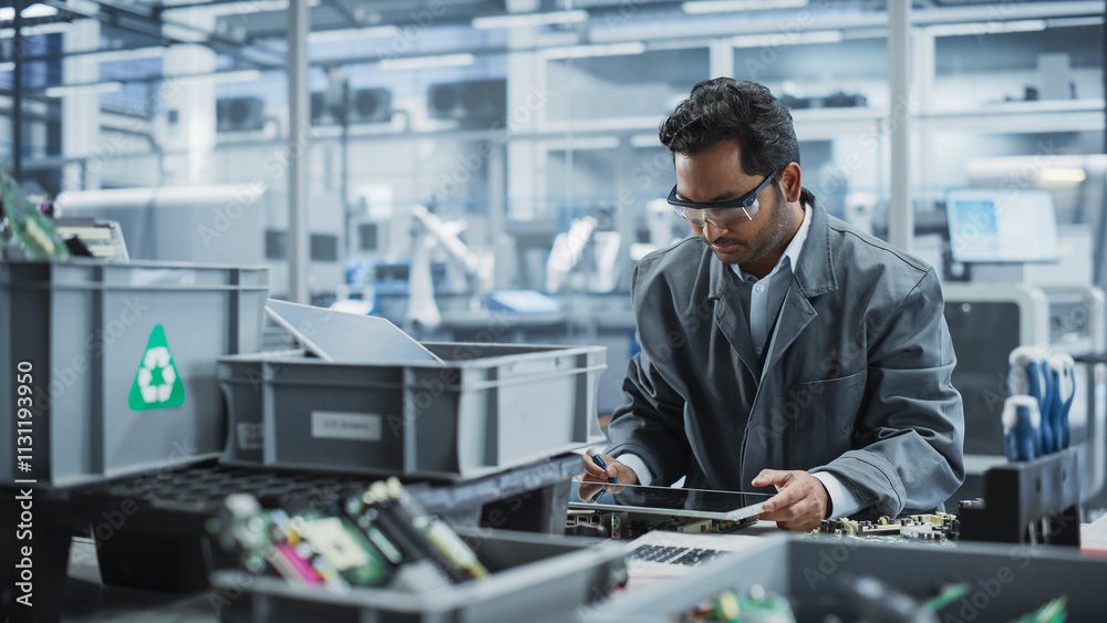Fototapete indian male worker disassembling laptops to recycle electronic components for microchip production a