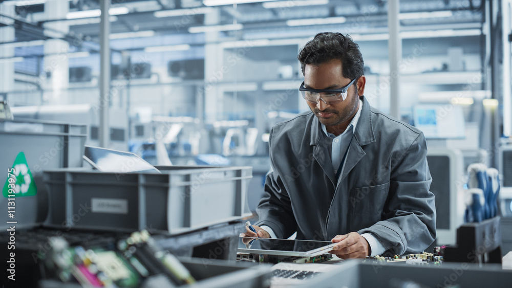 Aufkleber Indian Male Worker Disassembling Laptops To Recycle Electronic Components For Microchip Production At an Automated Electronics Factory With Robotic Arms. Man Unscrewing Displays and Sorting Them.