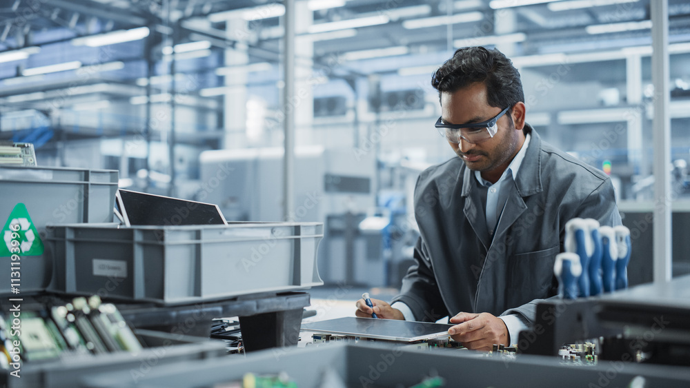 Aufkleber Indian Male Worker Disassembling Laptops To Recycle Electronic Components For Microchip Production At Automated Electronics Factory With Robotic Arms. Man Unscrewing Displays and Sorting Them Out