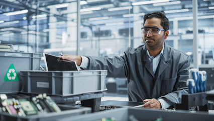 Indian Male Worker Disassembling Laptops To Recycle Electronic Components For Microchip Production At an Automated Electronics Factory With Robotic Arms. Man Unscrewing Displays and Sorting Them Out