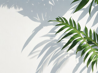 Fototapeta premium Tropical leaves casting shadows on a bright white wall sunny season background