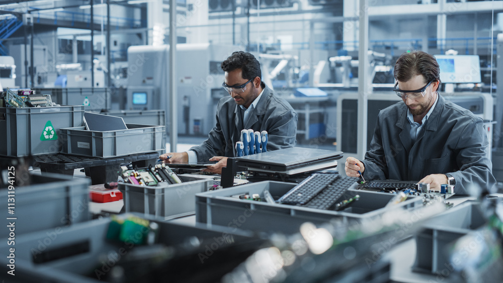 Fototapete indian and caucasian male workers taking apart laptops to recycle for production of high tech device