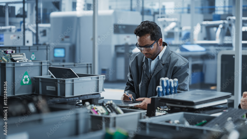 Poster indian male worker disassembling laptops to recycle electronic components for microchip production a