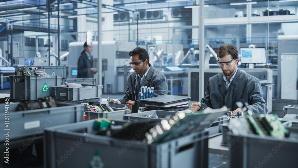 Fototapete Indian And Caucasian Male Workers Taking Apart Laptops To Recycle For Production Of High-Tech Devices At Automated Electronics Factory With Robotic Arms. Colleagues Sorting Displays and Keyboards.