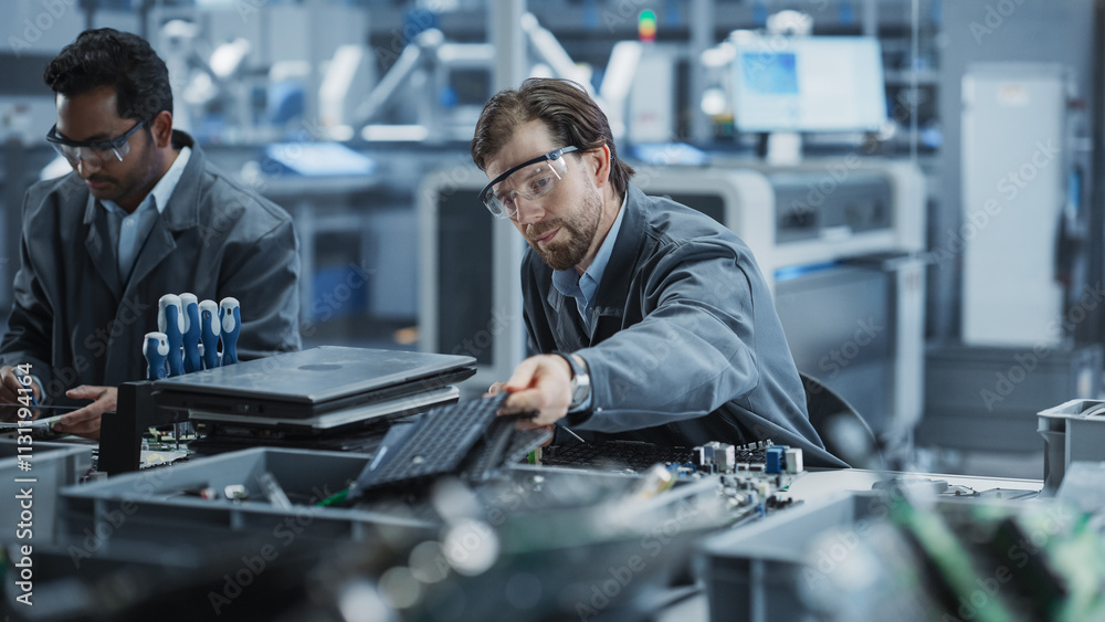 Aufkleber Indian And Caucasian Male Workers Taking Apart Laptops To Recycle For Production Of Sustainable Devices At Automated Electronics Factory With Robotic Arms. Colleagues Sorting Displays and Keyboards.