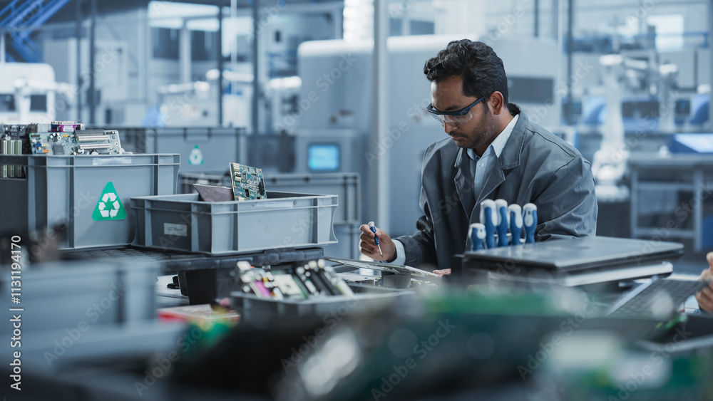 Aufkleber Indian Male Worker Disassembling Laptops To Recycle Electronic Components For Microchip Production At An Electronics Factory With Robotic Arms. Man Unscrewing Displays, Sorting Them Out
