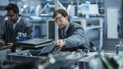 Indian And Caucasian Male Workers Taking Apart Laptops To Recycle For Production Of Sustainable...
