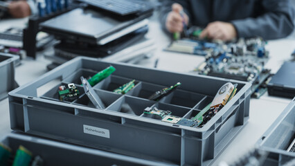 Close Up Shot Of Box With Motherboards From Old Laptops That Are Being Disassembled By Electronics...