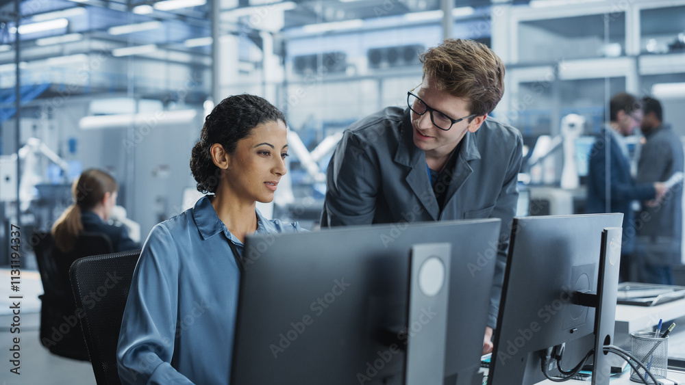 Poster Portrait of Young Male Assembly Line Worker and Hispanic Female Engineer Collaborating on a Project, Using Computer and Talking in a Factory with Robotic Arms Producing Devices for Tech Industries.