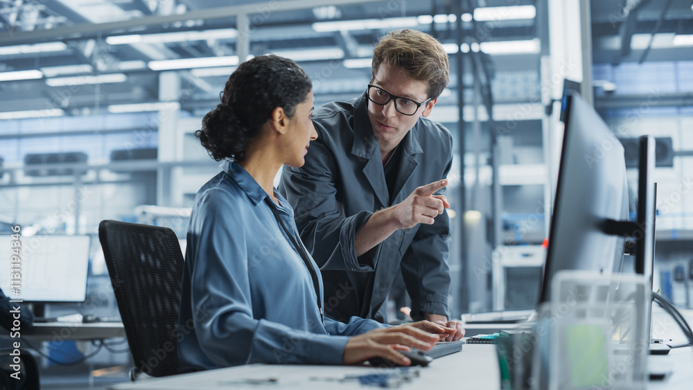 Poster Caucasian Man and Hispanic Woman Having a Conversation at Industrial Facility. Employees Working Together, Using Desktop Computer for Supervising Work Process in Automated Factory With Robotic Arms.
