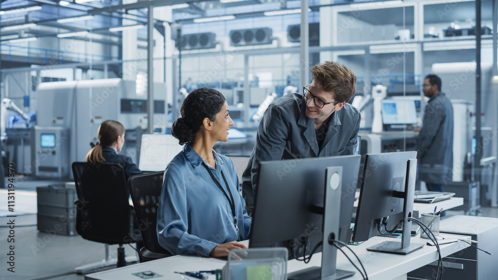 Poster Portrait of a Young Male Assembly Line Worker and Hispanic Female Engineer Collaborating on a Project, Using Computer and Talking in a Factory with Robotic Arms Producing Modern High Tech Devices.
