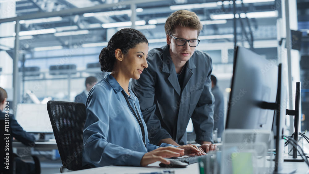 Poster Caucasian Man and Hispanic Woman Having Conversation at an Industrial Facility. Employees Working Together, Using Desktop Computer for Supervising Work Process in Automated Factory With Robotic Arms.