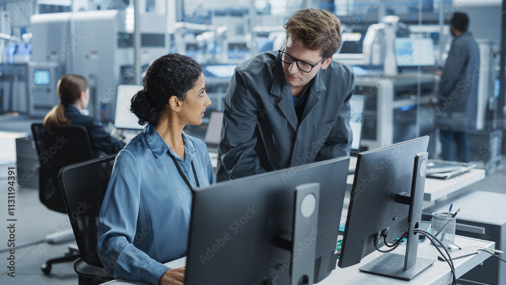 Poster Caucasian Man and Hispanic Woman Having Conversation at Industrial Facility. Employees Working Together, Using Desktop Computer for Supervising Work Process in Automated Factory With Robot Arms.