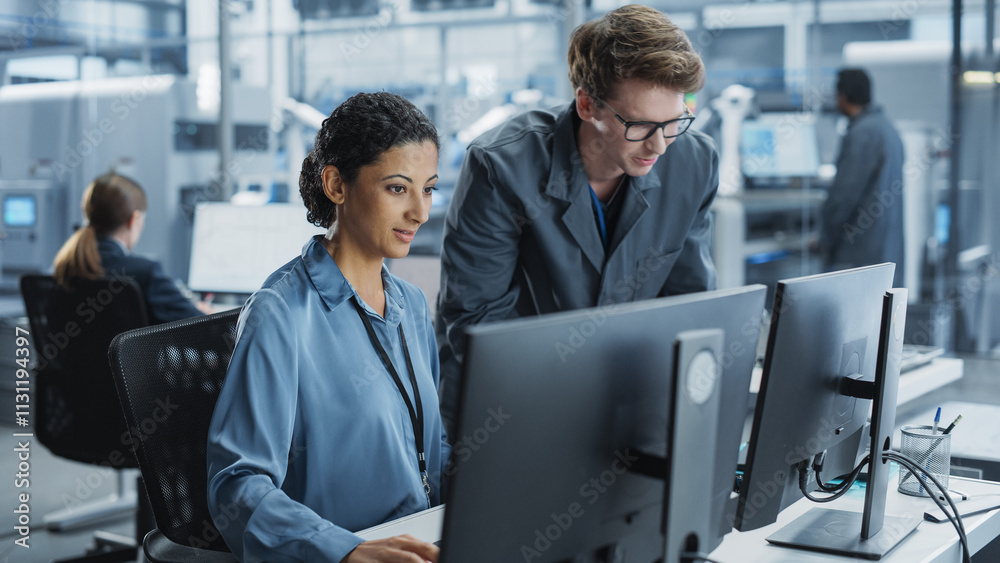Poster Caucasian Man and Hispanic Woman Having Conversation at Industrial Facility. Employees Working Together and Using Desktop Computer for Supervising Work Process in Automated Factory With Robotic Arms.
