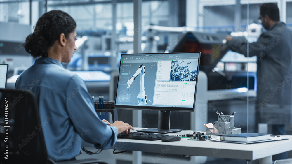Poster Hispanic Female Automation Engineer Using Desktop Computer to Control Automated Production With Robotic Arms On Modern Electronics Factory, While Indian Assembly Line Worker Using Solder Jet Printer.