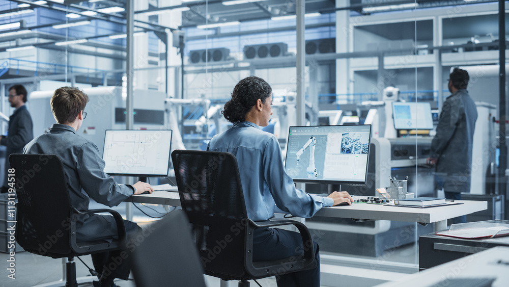 Fototapete Caucasian Male Programmer And Hispanic Female Automation Engineer Using Desktop Computers To Control Assembly Line With Robotic Arms At Modern Factory. Colleagues Working On Production Of Electronics.