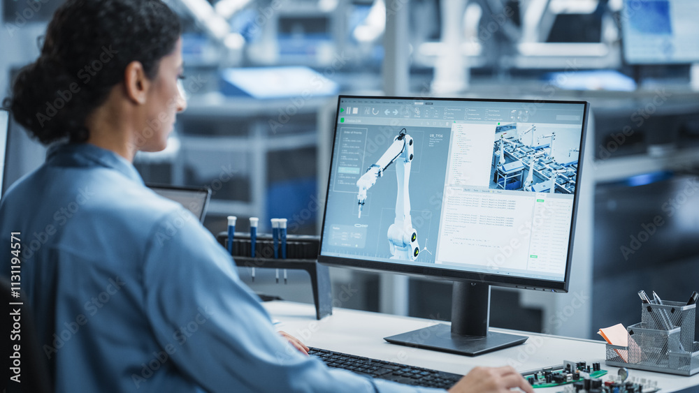 Aufkleber Hispanic Female Automation Technician Using Desktop Computer to Control Automated Production With Robotic Arms On Modern Electronics Factory. Advanced Assembling With Robot Hands Concept.