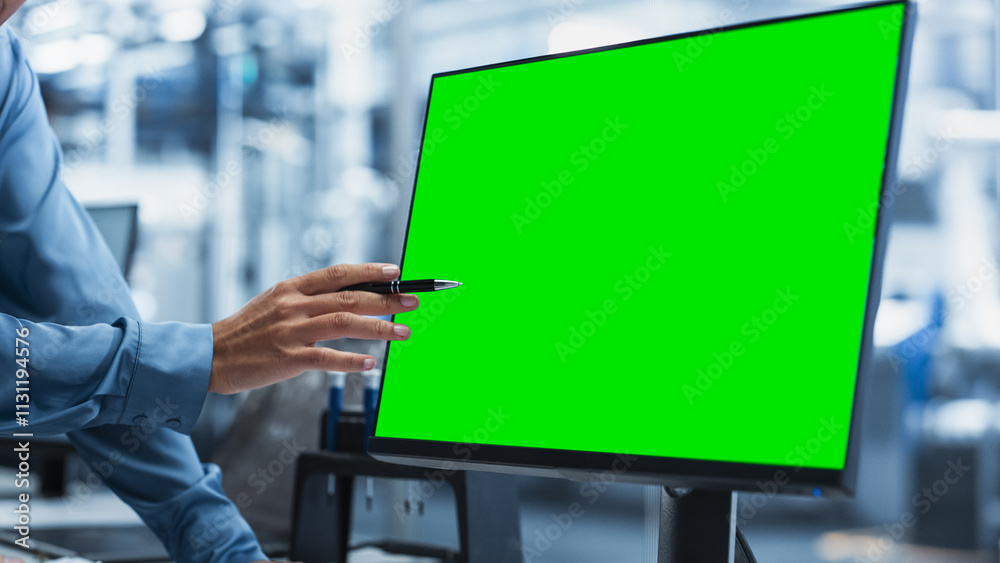 Poster Close Up On Green Screen Of Desktop Computer With Chromakey On Display at a Modern Factory With Robotic Arms. Technical Supervisor Pointing At Display, Adjusting Production Process