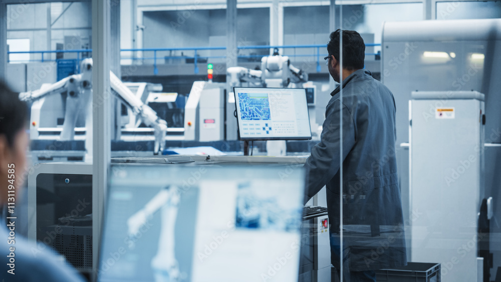 Fototapete Hispanic Female Automation Technician Using Desktop Computer to Control Automated Production With Robotic Arms On Modern Electronics Factory, While Indian Assembly Line Worker Using Solder Jet Printer