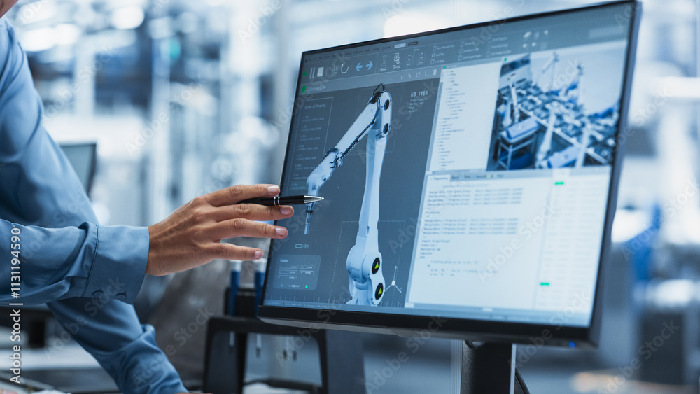 Aufkleber Close Up On Screen Of Desktop Computer With Automation Software For Autonomous Assembly Line At Modern Factory With Robotic Arms. Technical Supervisor Pointing At Display, Adjusting Production Process