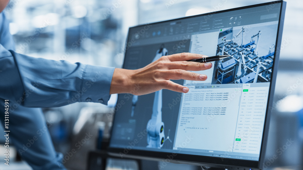 Fototapete Close-Up On Screen Of Desktop Computer With Automation Software For Autonomous Assembly Line At Modern Factory With Robotic Arms. Technical Supervisor Pointing At Display, Adjusting Production Process
