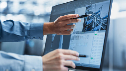 Close Up On Screen Of Desktop Computer With Automation Software For Autonomous Assembly Line At...