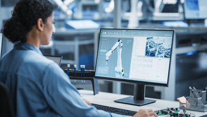 Hispanic Female Automation Technician Using Desktop Computer to Control Automated Production With...