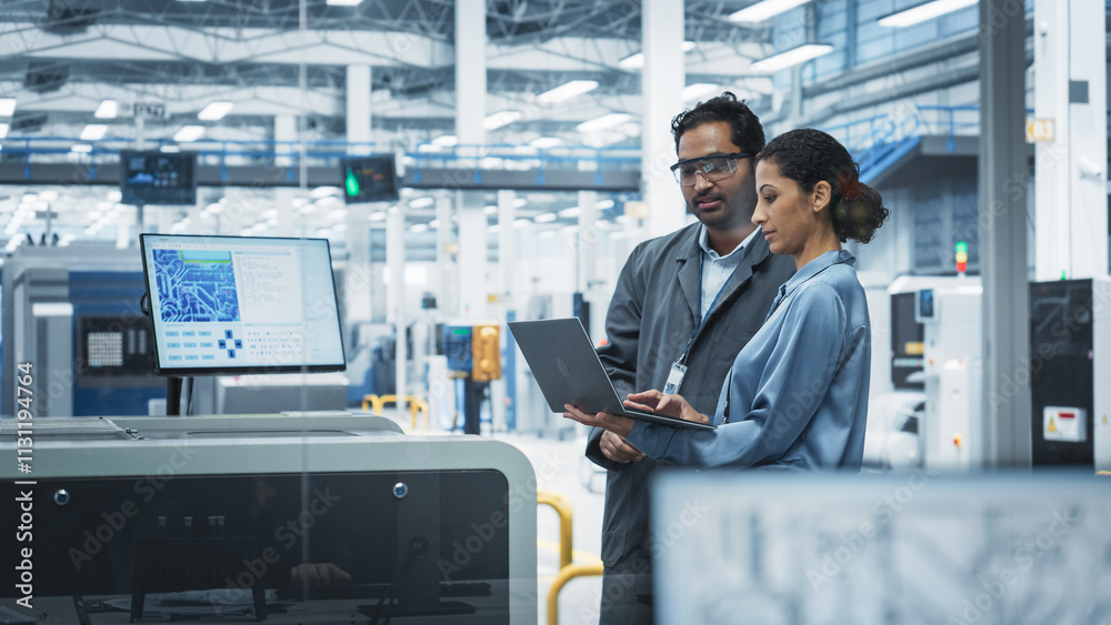 Poster indian male industrial engineer and hispanic female manager using laptop and talking at an electroni
