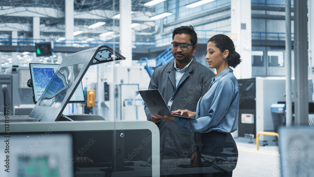 Aufkleber indian male industrial engineer and hispanic female manager using laptop and talking at electronics 