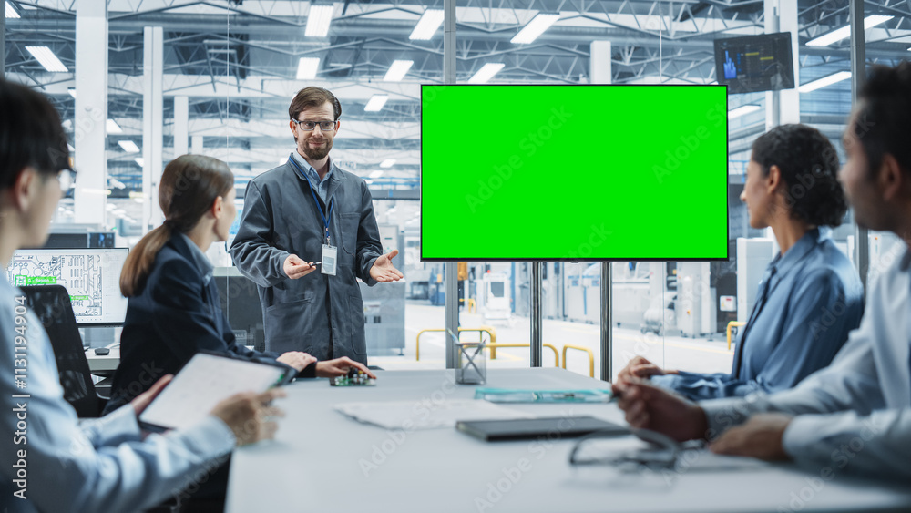 Aufkleber Electronics Factory Office Meeting: Caucasian Engineer Giving Presentation On TV With Green Screen Chromakey On Display. Diverse Colleagues Listening About Production Of Microchips and Taking Notes.