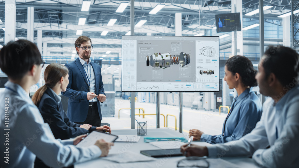Leinwandbilder electronics factory office meeting: caucasian male project manager presenting innovative jet engine 