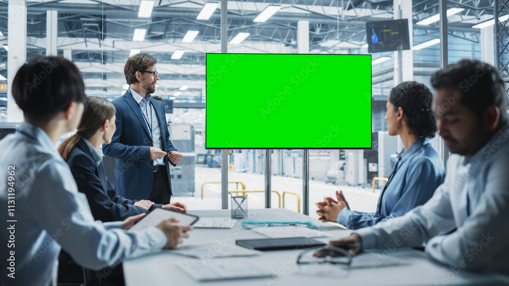 Fototapete electronics factory office meeting: caucasian male project manager presenting innovative high tech d