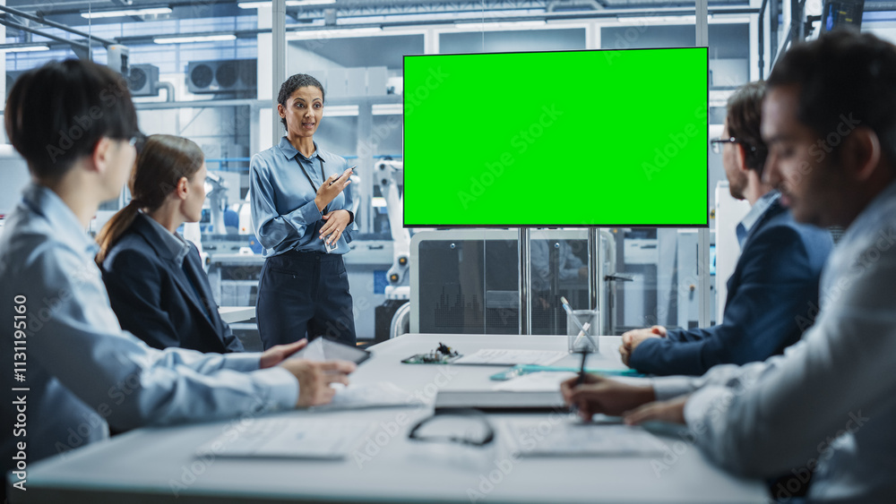 Aufkleber electronics factory office meeting: hispanic female ceo presenting innovative high-tech device on tv