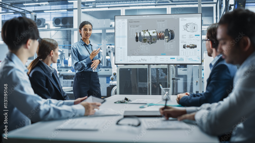 Aufkleber electronics factory office meeting: hispanic female project manager presenting innovative engine on 
