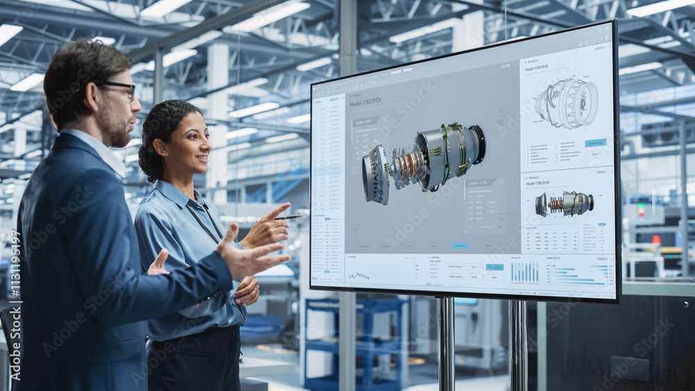 Poster meeting in office of autonomous factory with robotic arms: hispanic female chief engineer talking wi