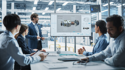 Electronics Factory Office Meeting: Caucasian Male Project Manager Presenting Innovative Jet Engine...