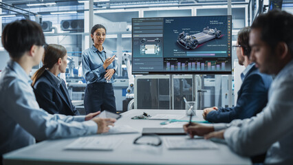 Electric Vehicle Factory Office Meeting: Hispanic Female Project Manager Presenting Innovative...