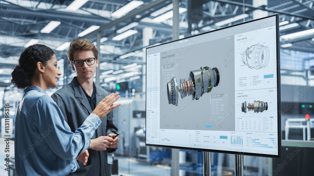 Aufkleber Meeting In Office Of Autonomous Factory With Robotic Arms: Hispanic Female Chief Engineer Talking with Caucasian Male Assembly Line Supervisor And Using TV With CAD Software Project Of Jet Engine