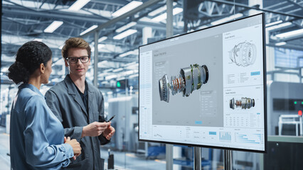 Meeting In Office Of Autonomous Factory With Robotic Arms: Hispanic Female Chief Engineer Talking...
